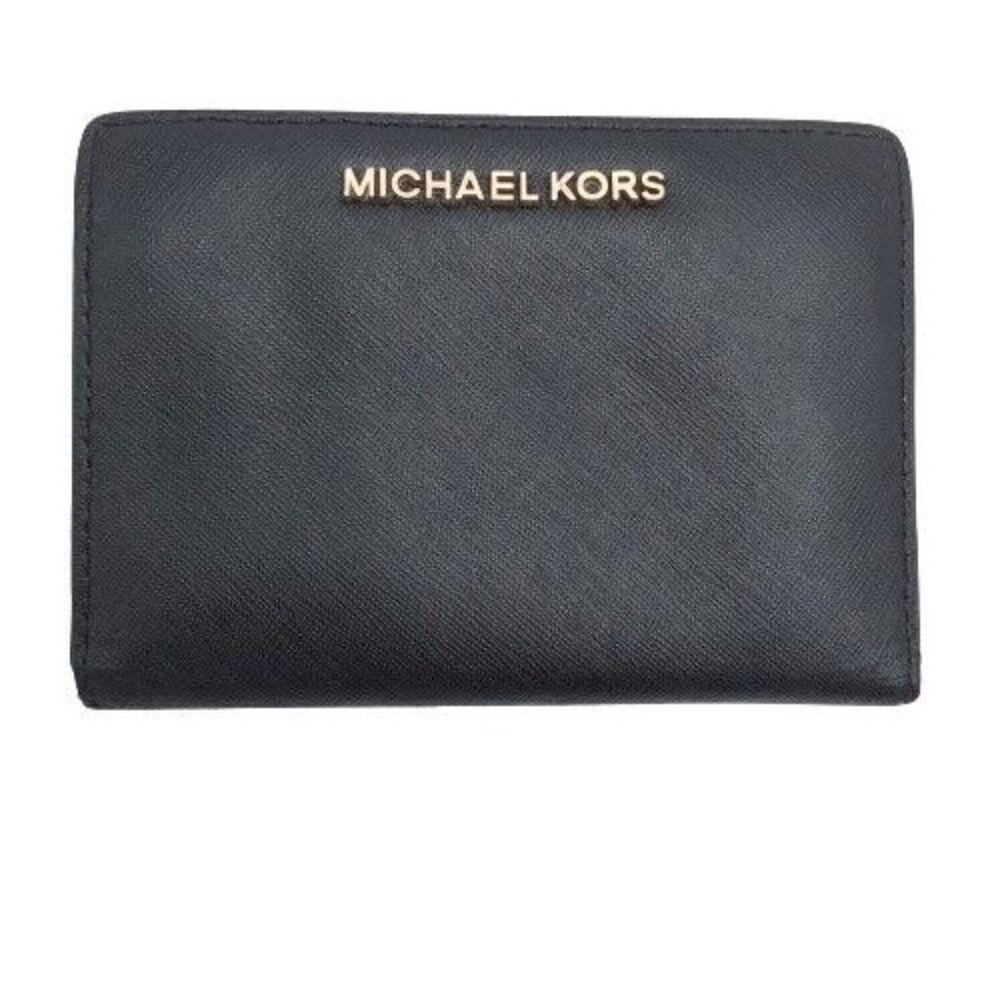 Michael Kors Black Faux Leather Gold Hardware Bifold Wallet Small